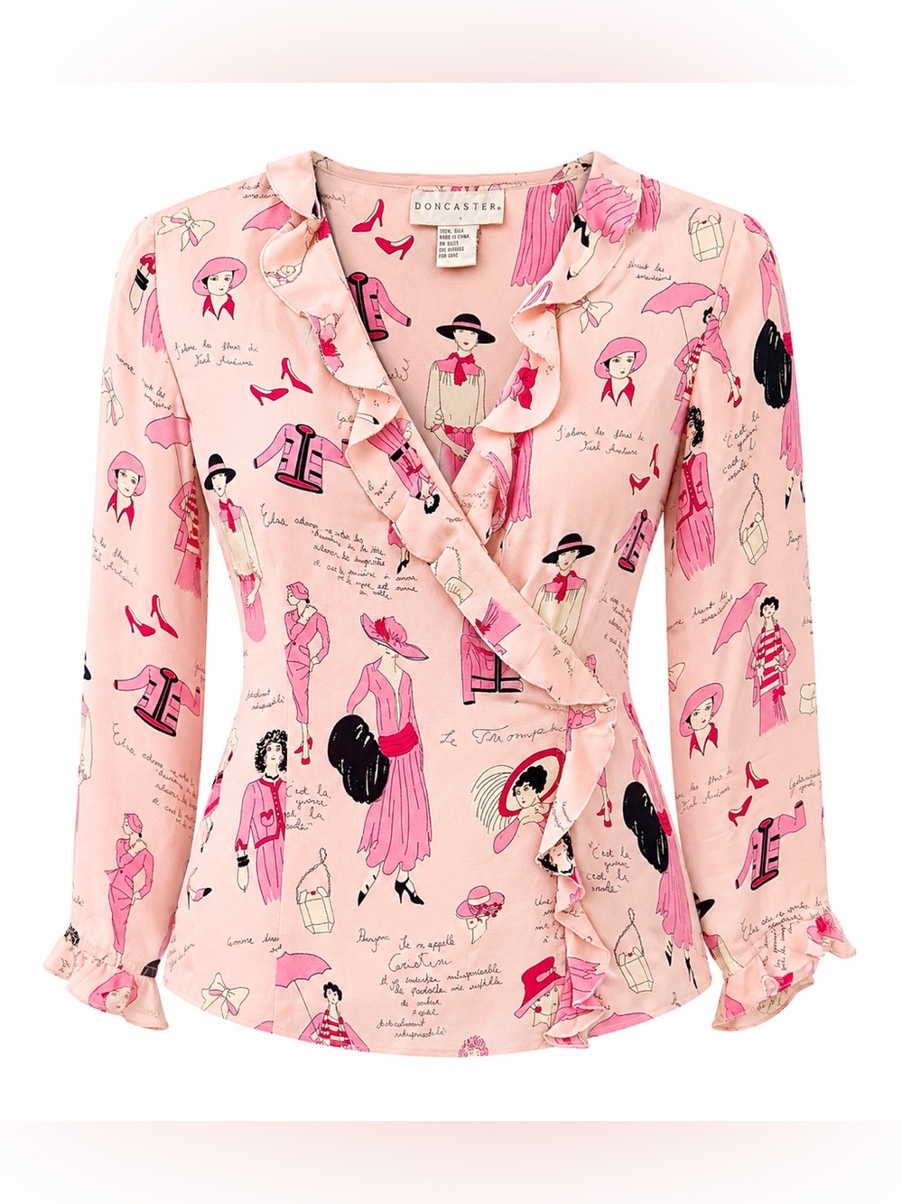 Doncaster Pink Silk Fashionista Printed Ruffled Wrap Blouse 6